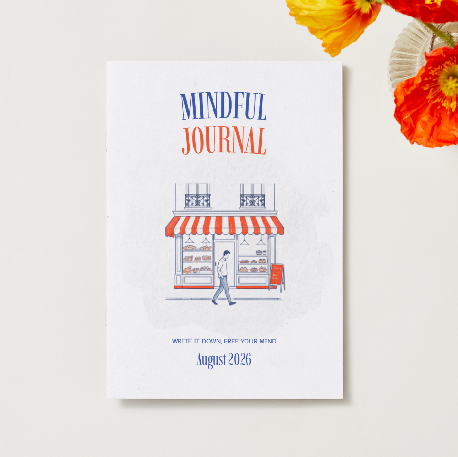 Mindful Journal August 2026 Edition — preview of a daily page with four questions and Today's One Word field, A5 format